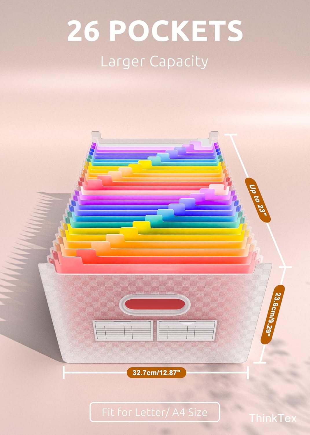 ThinkTex 26 Pockets Expanding File Folder, Upright & Open Top, A-Z Colorful Tabs, Larger Capacity Accordian Folder, Letter/A4 Size for School, Home and Office - Pink