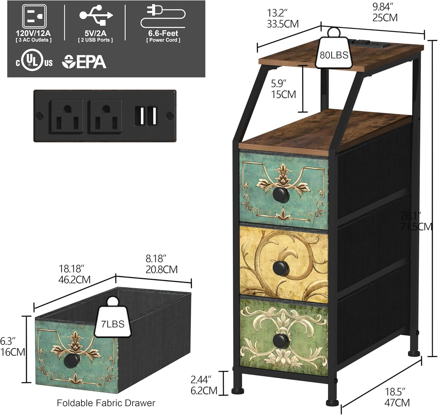 Tohomeor Narrow Dresser Tall Skinny Storage Tower Vertical Slim Chest of Drawers with Charging Station Small Nightstand Side Table for Bedroom, Bathroom, Small Spaces (Retro Flower, 3 Drawers)