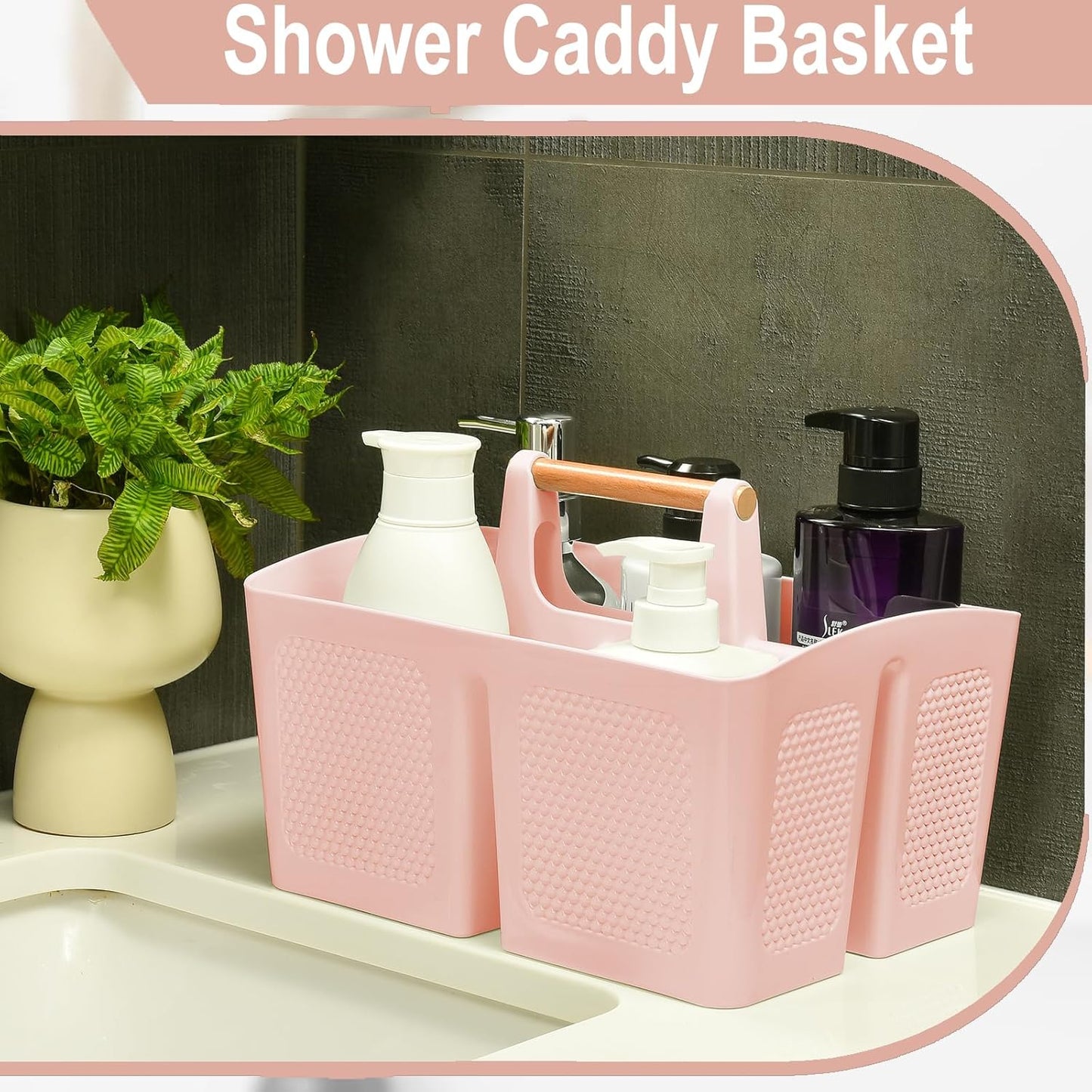 Haundry Plastic Pink Shower Caddy Basket with 3 Compartments, Portable Divided Bathroom Cleaning Caddy Organizer Storage Tote with Handle for Dorm, College, Room Essentials