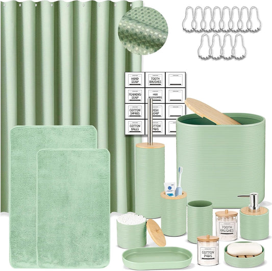 IMAVO Green Bathroom Set,26Pcs Bathroom Accessories Set with Waffle Shower Curtain,Rugs,Trash Can,Tray,Soap Dispenser,Soap Dish,Toothbrush Holder,Toothbrush Cup,Toilet Brush Holder and Qtip Holders