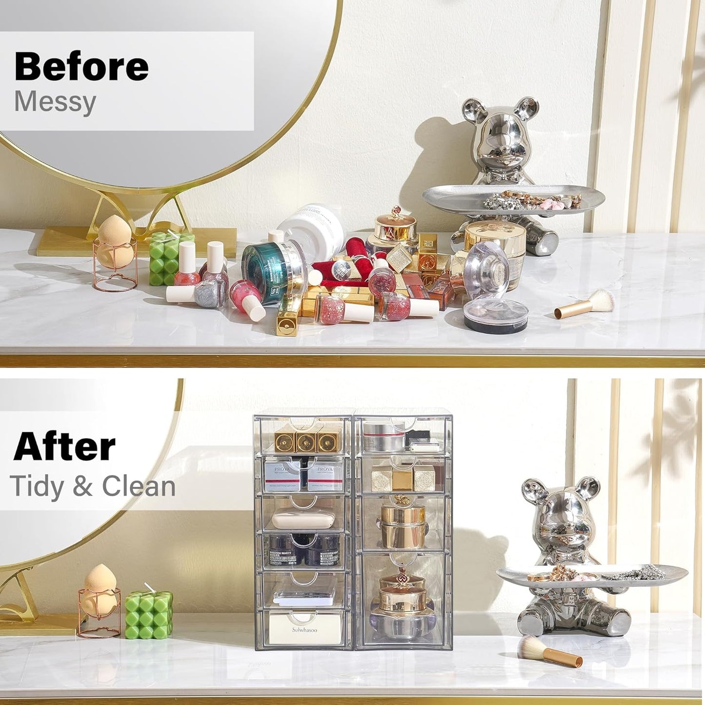 Prsildan Acrylic Drawer Makeup Organizer with 10 Drawers, Set of 2 Office Desk Organizers Accessories, Clear Stackable Storage Drawers for Vanity, Countertop, Craft, Jewelry, Art Supply Organization