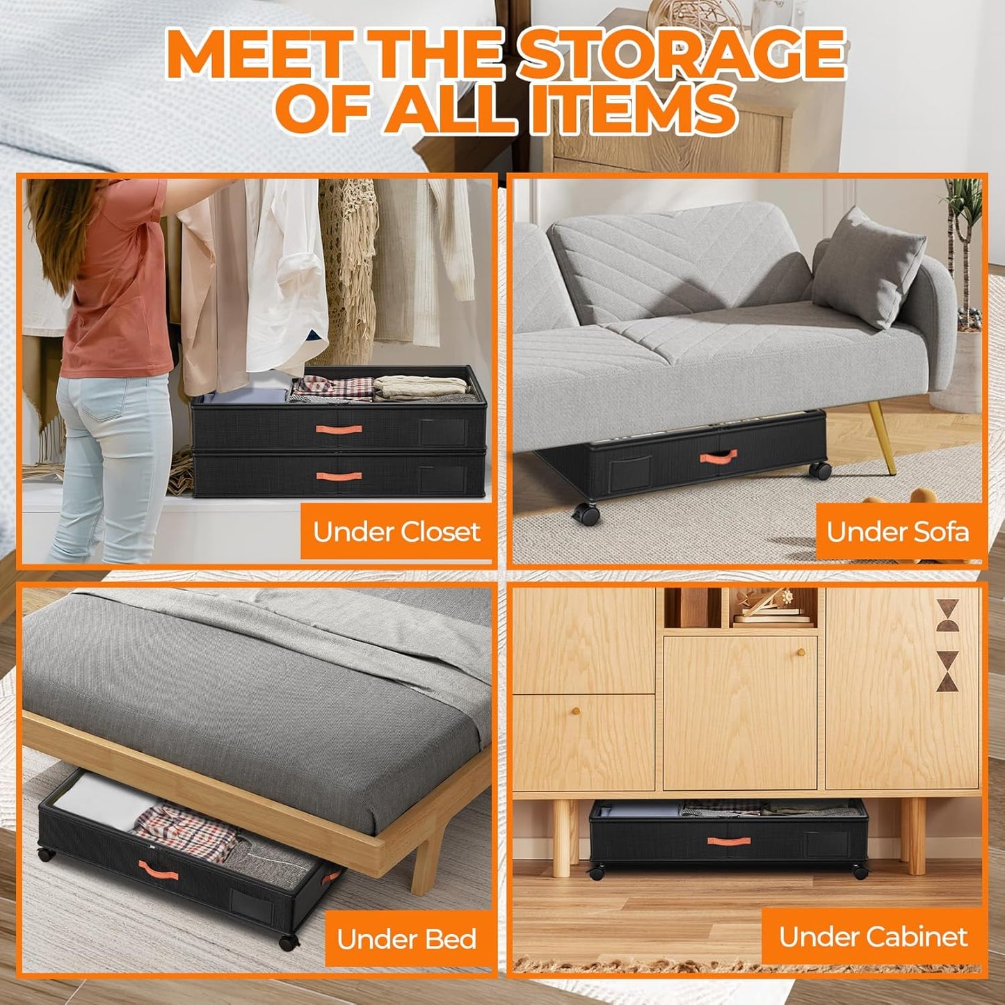 Under Bed Storage with Wheels,2-Pack Under Bed Storage Containers with Clear Lids,XXL Large Under the Bed Storage Organizer Bins With Handles,Space Saving Design for Clothes,Shoes,Books-Black