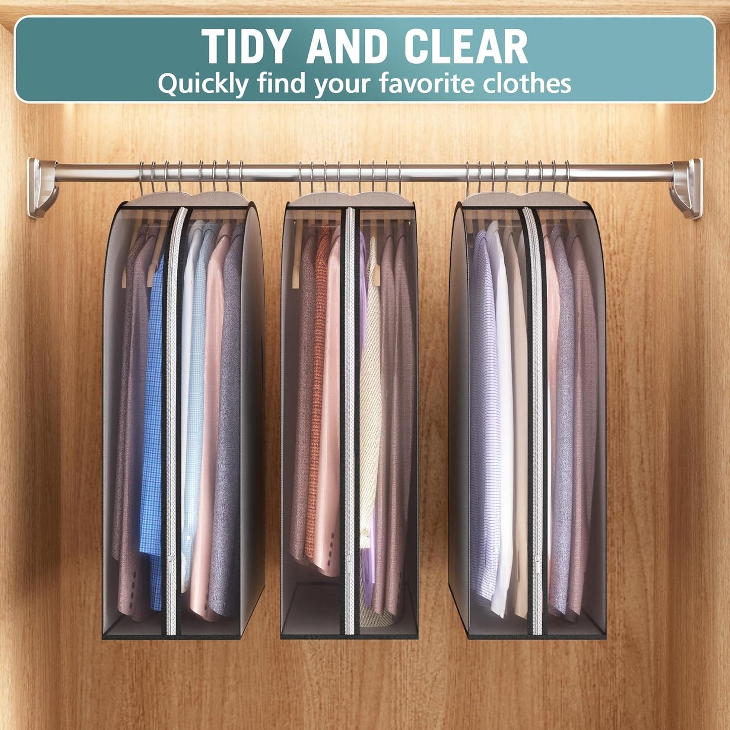 10" Gusseted Garment Bags for Hanging Clothes 32" Suit Bags for Open Closet Storage, Side Clear Clothing Cover for Coat, Dress, Jacket, Shirt, Fur Wardrobe Protector, 3 Packs, Grey