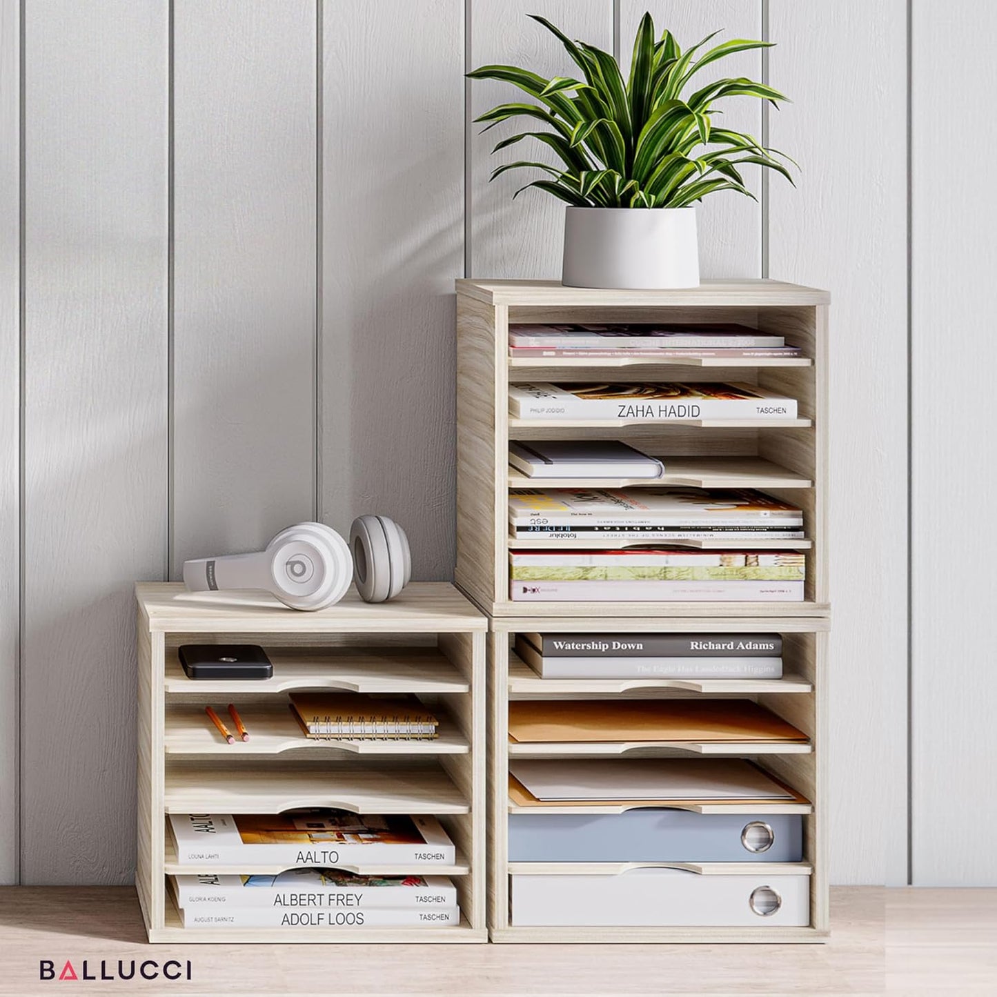 Ballucci Wood File Organizer Paper Sorter, 5 Tier Adjustable Shelves Office Desk Organizer 13 5/8" x 9 1/4" x 12", Brushed Wood