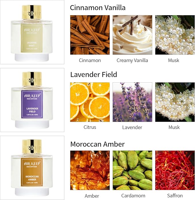 Airkeep Reed Diffuser Set of 3, Cinnamon Vanilla Lavender Field Moroccan Amber Oil Reed Diffusers for Bedroom Living Room Office Aromatherapy Oil Reed Diffuser for Gift 50ml x 3