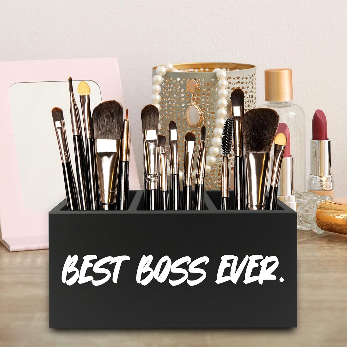Boss Gifts Pen Pencil Holder Organizer for Desk, Bosses Leader Appreciation Gifts, Best Boss Ever Wooden Box Signs Decorations for Home Workplace Office Desk Tabletop