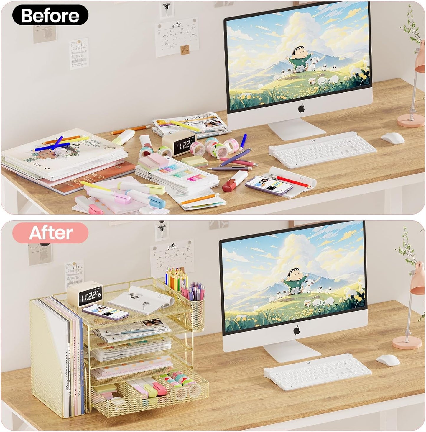 Desk Organizers and Accessories with File Holder, 5-Tier Office Desk Accessories & Workspace Desktop Organizer with Drawer and 2 Pen Holder, File Paper Organizer for Office Supplies(Gold)