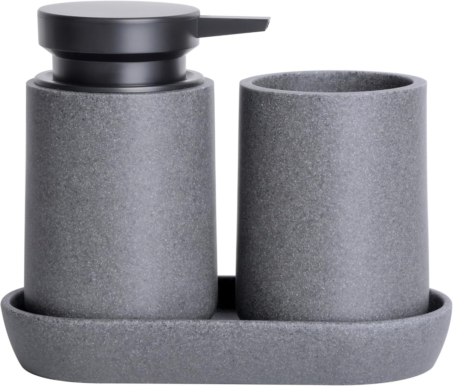 3 Pcs Bathroom Accessories Set, Liquid Soap Dispenser with Large Pump, Toothbrush Holder Cup and Soap Dish, Sandstone Texture Bathroom Counter Set for Modern Home (Gray)