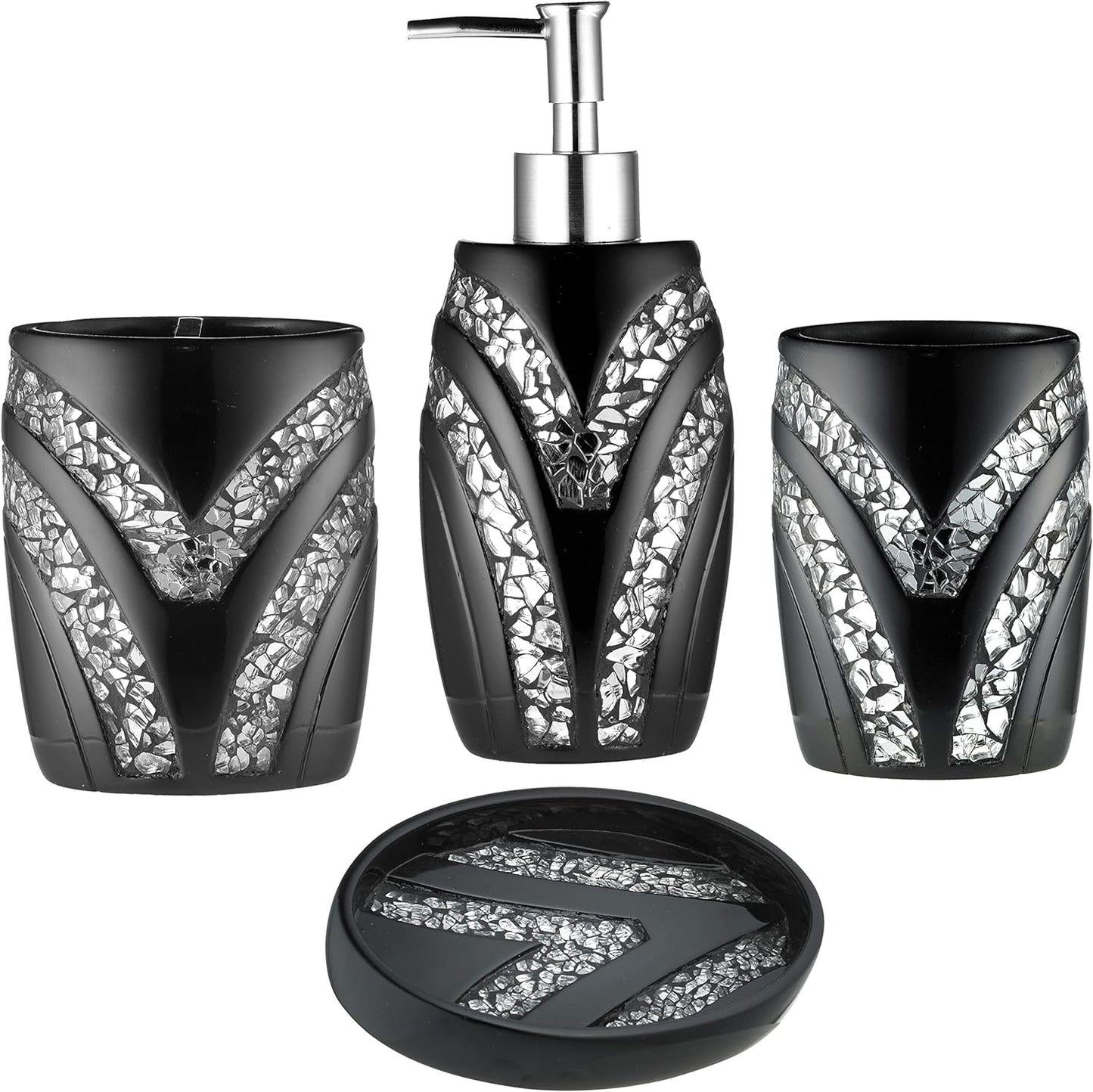 Zahari Home 4pc Sinatra Stylish Bathroom Accessories Set Black Soap Dispenser/Lotion Pump, Tumbler, Tooth Brush Holder and Soap Dish Modern Luxury Decor Bling Mosaic Glass Black Bathroom Accessories