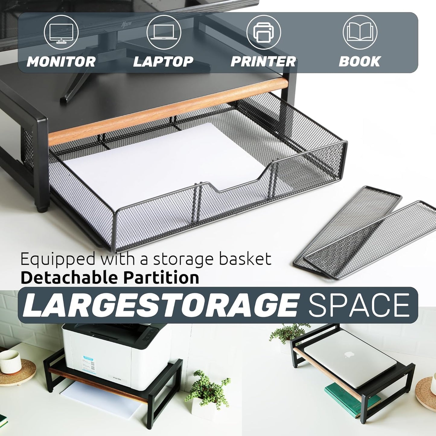 Monitor Riser,Monitor Stand for Desk -Metal Computer Riser with Solid Wood Decorative Strips.Desk Storage for Office, Home (with Storage)