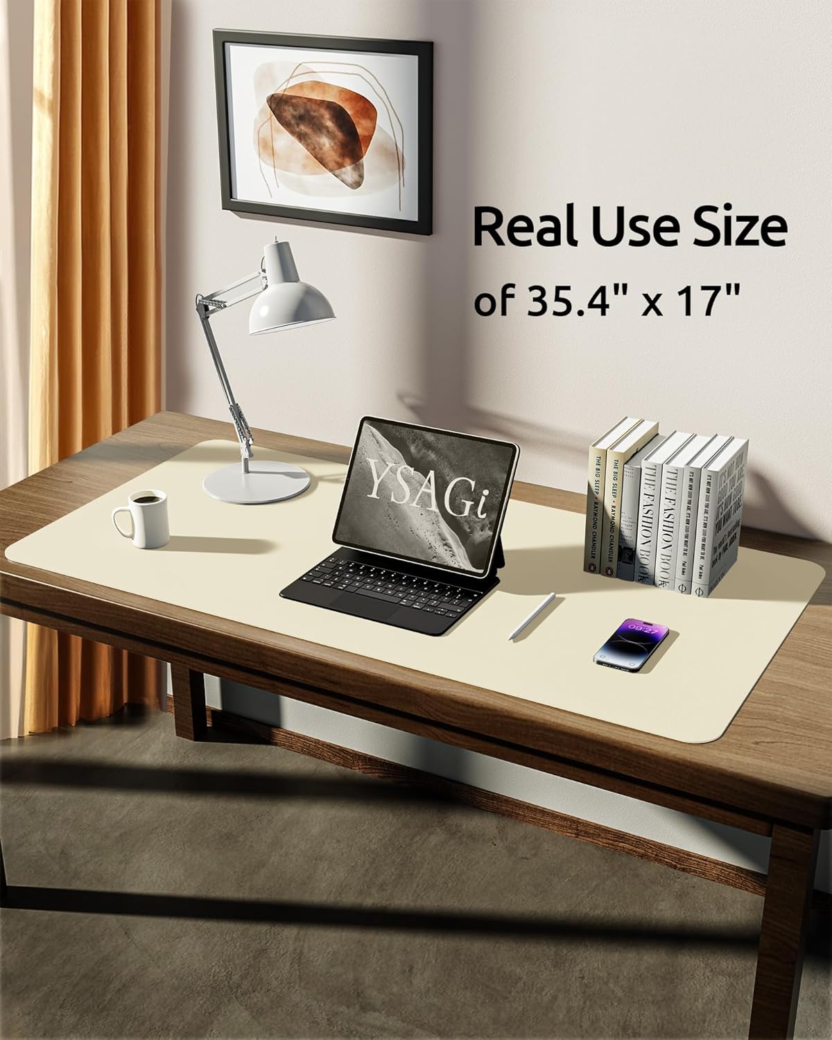 YSAGi Leather Desk Protector, Office Mat, Large Mouse Mat, Non-Slip PU Leather Blotter, Laptop Desk, Waterproof Writing Pad for Office and Home (Cream, 35.4" x 17")