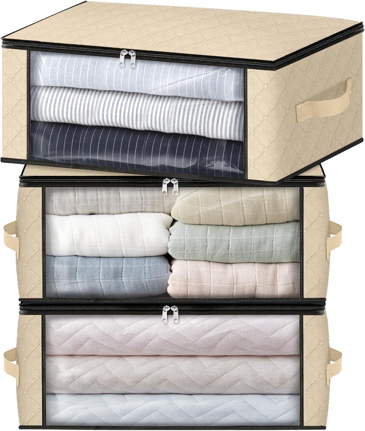 HomeHacks Storage 3-Pack Clothes Organizer Storage Bags Foldable Storage Box with Large Clear Window Sturdy Handles for Closet, Dorm, Pillows, Bedding, Clothes, Blankets, 35L, Beige