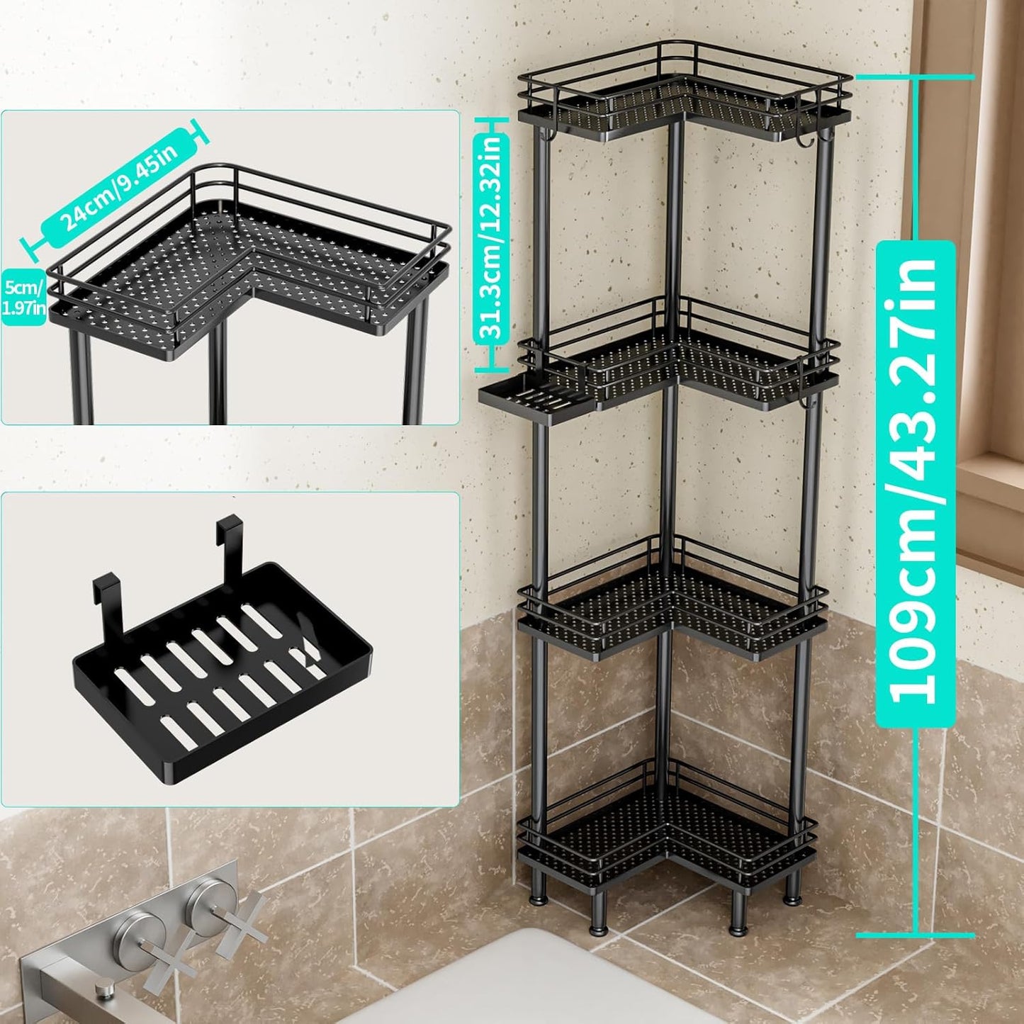 HapiRm Corner Shower Caddy Organizer - 4 Tier Shower Shelf Corner with Soap Holder, Rustproof Bathroom Standing Organizer with 4 Hooks, Black