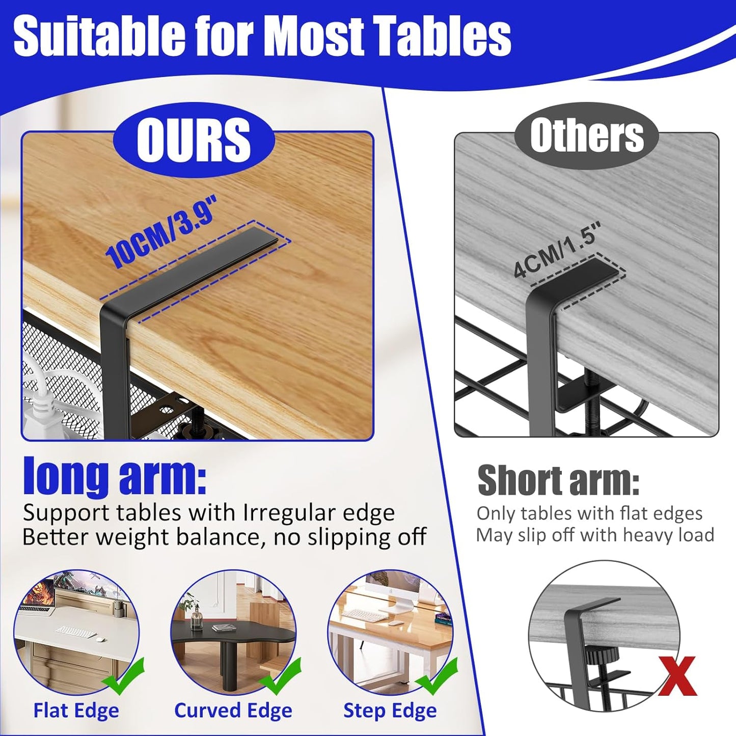 REFLYING Under Desk Cable Management Tray, Metal Long Arms(3.9in), No Drill Mesh Desk Cable Tray, Wire Management Tray Cable Management Box for Office, Desk Cable Tray Wire Organizer, 1 Pack, Black