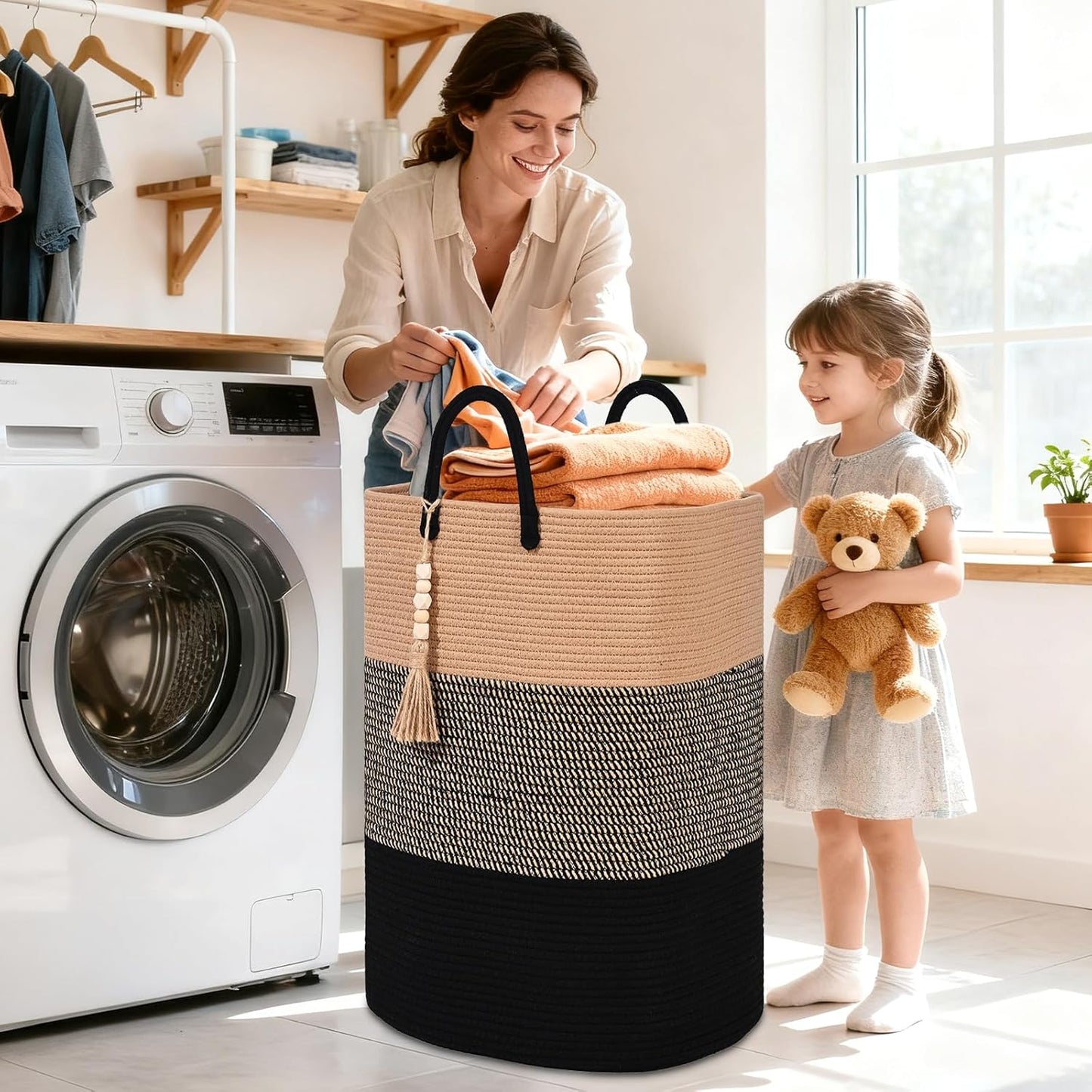 Woven Laundry Basket for Clothes, 65L Large Rectangle Laundry Hampers with Beads Tassel, Nursery Storage Basket for Toys, Tall Dirty Clothes Hamper for Bedroom Aesthetic, Laundry Room Organization
