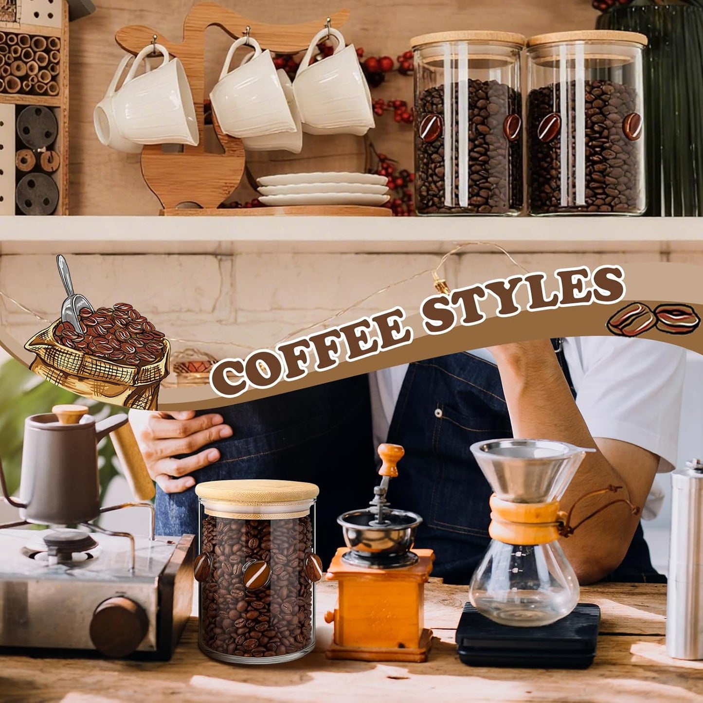 3 Pcs Coffee Glass Storage Jars with Airtight Bamboo Lid Coffee Bean Class Containers Storage Canisters for Serving Bath Salt, Sugar, Spice, Tea, Cereals, Condiment