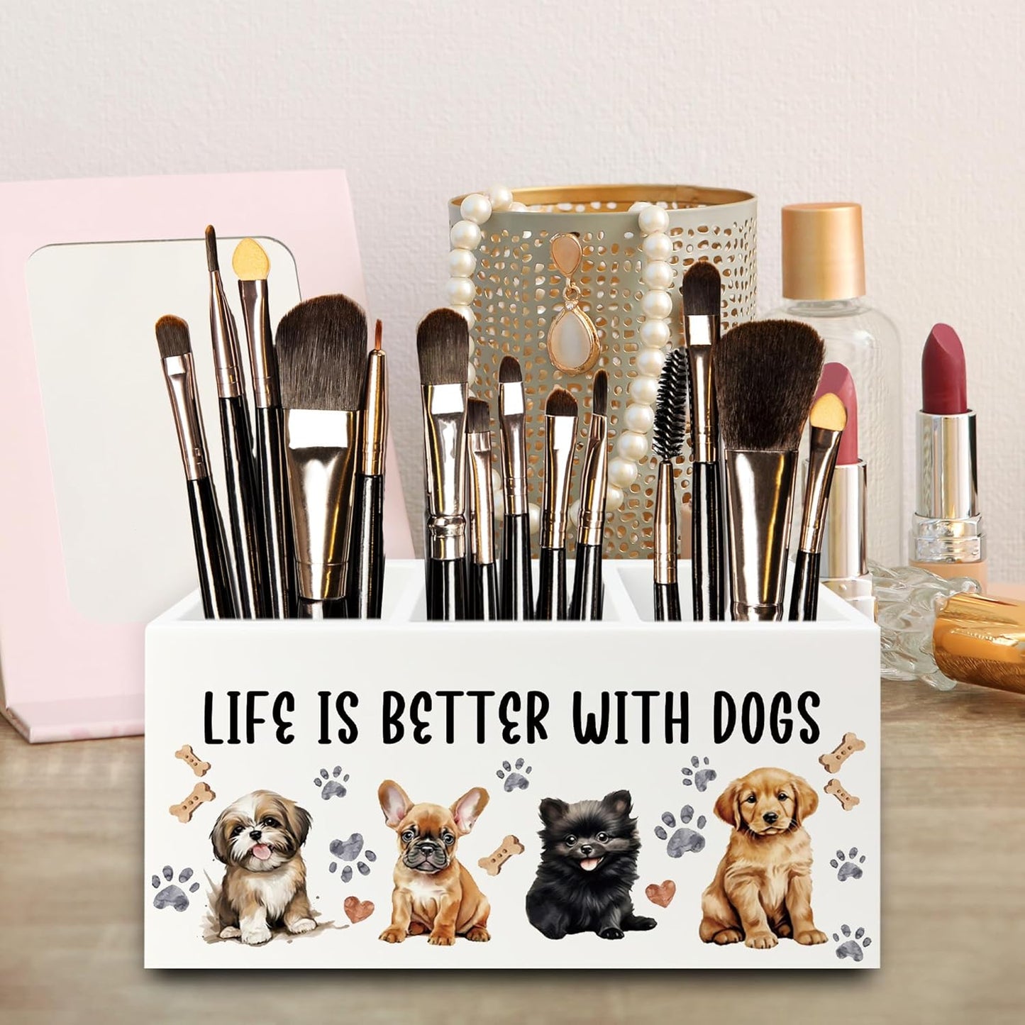 Dog Pen Pencil Holder Organizer for Desk, Dog Lovers Mom Gifts for Women, Life Is Better with Dogs Wooden Box Signs Decorations for Home Office Desk Tabletop, Gifts for Pet Lovers