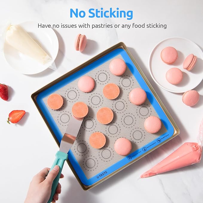 446ºF Heat Resistant Macaron Mat: U-Taste 11x11in Non Stick Silicone Baking Mat, Reusable Cookies Pastry Sheet Liner with Edge Enhancement & Circle Measurement for Square Cake Pan (2 PCS, Light Blue)