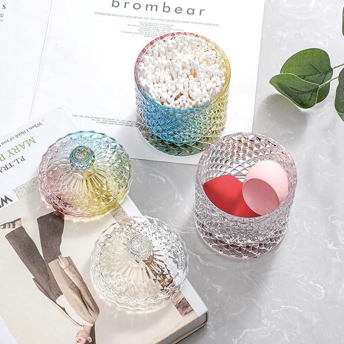 Qtip Holder Glass Apothecary Jars with Lid Bathroom Accessories Vanity Organizers and Makeup Storage for Cotton Swabs, Makeup Sponges, Bath Salts, Canister Dispenser, 2 Pack Rainbow