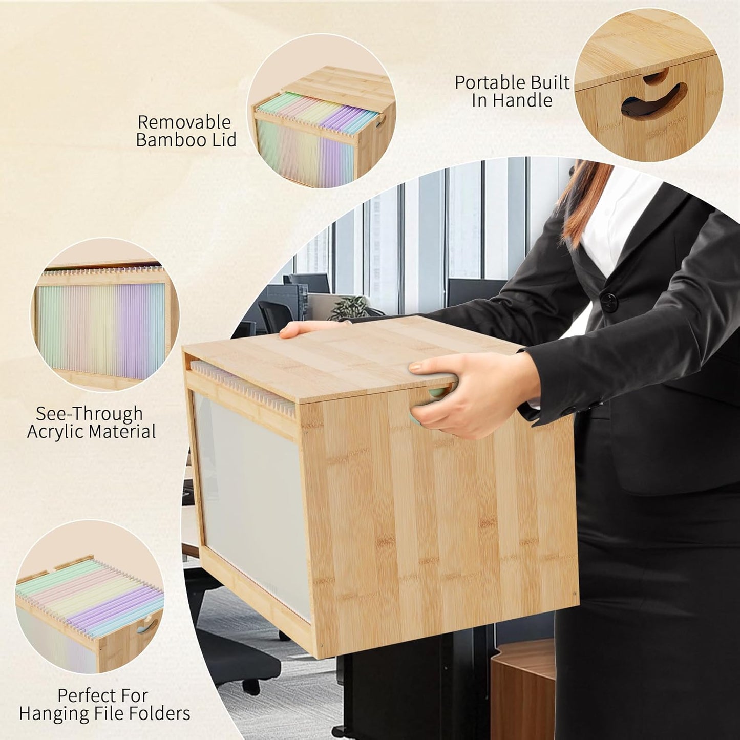 Natural Bamboo & Acrylic File Box with Removable Lid, Modern File Organizer Box for Letter/Legal Files, Hanging File Box with Easy Assembly & Dustproof Storage for Home Office