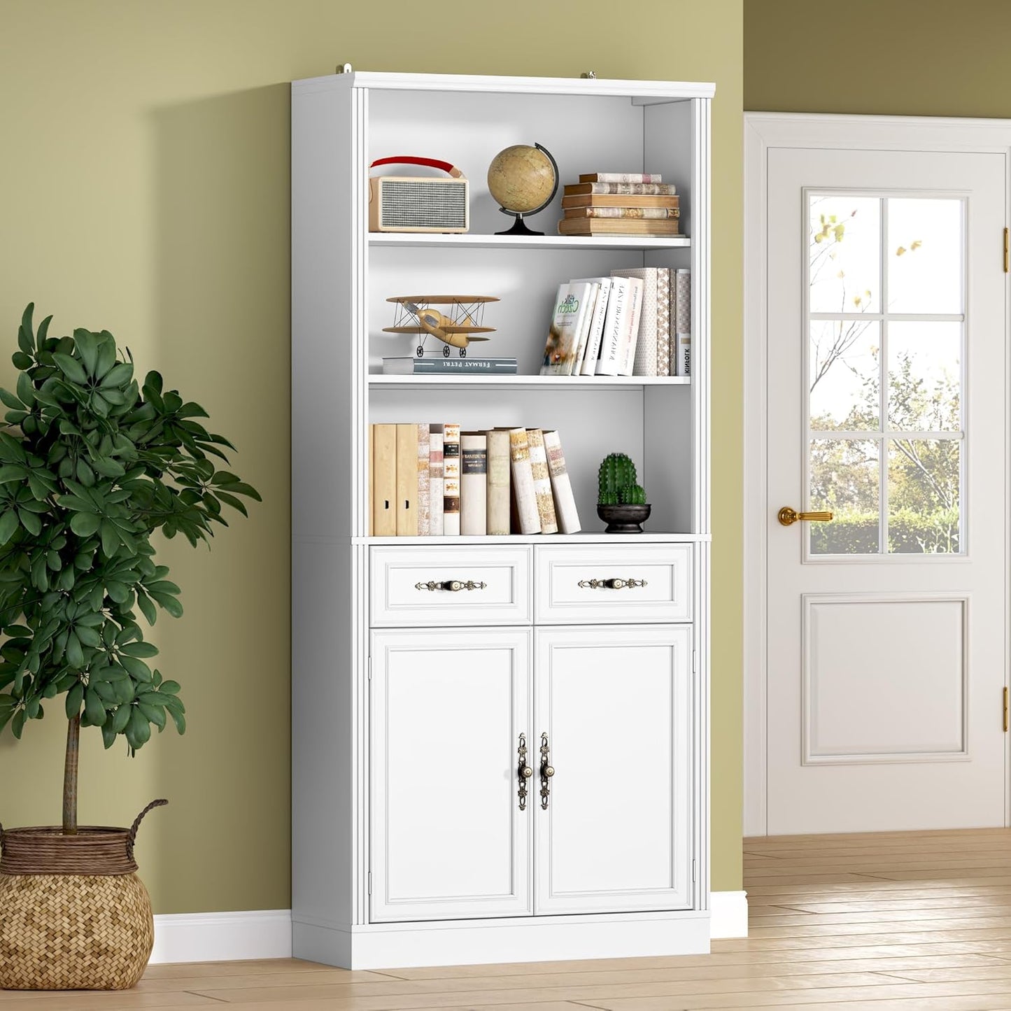 71.4" Tall Bookshelf with Drawers & Cabinet, 5-Tier Floor Standing Bookcase with Storage Doors, Adjustable Shelves & Metal Handles, 31.5" Wide Organizer for Home Office, Living Room