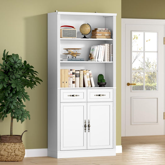 71.4" Tall Bookshelf with Drawers & Cabinet, 5-Tier Floor Standing Bookcase with Storage Doors, Adjustable Shelves & Metal Handles, 31.5" Wide Organizer for Home Office, Living Room