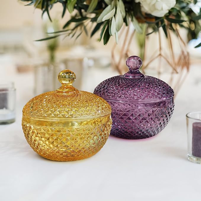 Joeyan 12 oz Small Amber Glass Jars with Lid,Embossed Glass Candy Dishes,Diamond Faceted Food Container,Decorative Jewelry Box Apothecary Canisters,Colored Kitchen Bathroom Buffet Storage Organizer