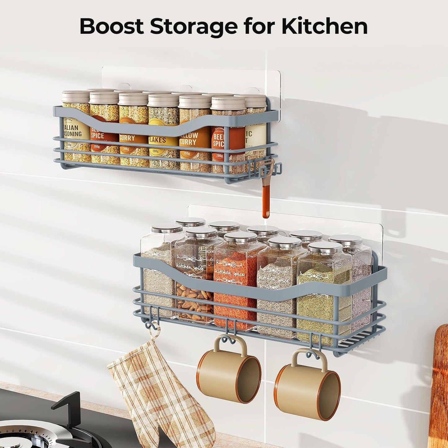 Orimade Shower Caddy Basket Shelf Storage Rack, No Drilling Wall Mounted Adhesive Rust Proof Stainless Steel Shower Organizer with 5 Hooks for Bathroom, Light Blue Grey 2 Pack