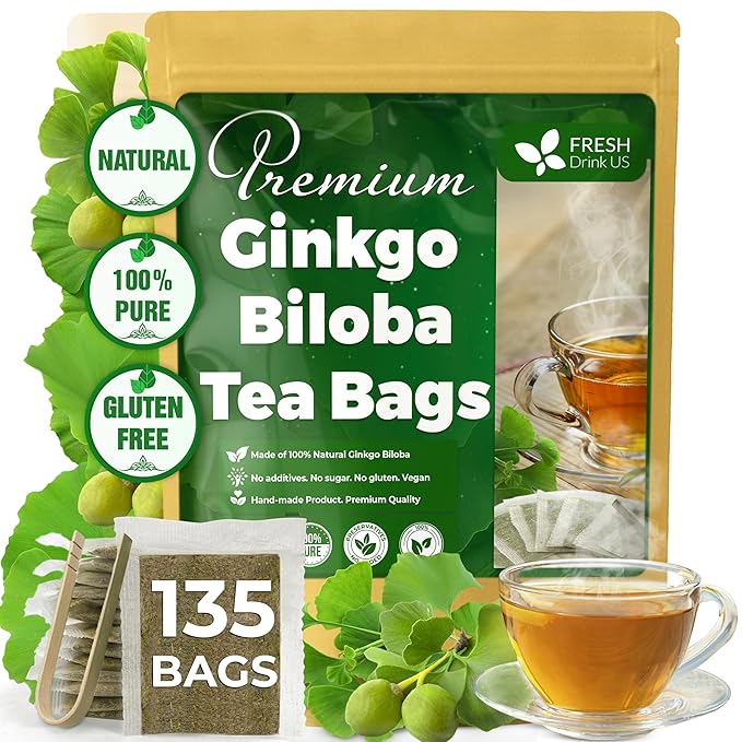 FreshDrinkUS, Premium 135 Ginkgo Biloba Leaf Tea Bags, 100% Natural & Pure from Ginkgo Biloba Leaves. Loose Leaf Herbal Tea. Made with Eco-Conscious Tea Bags. No Sugar, No Caffeine, No Gluten, Vegan.