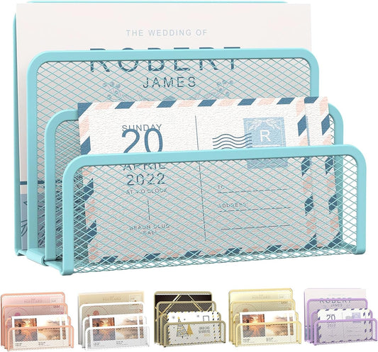 SUPEASY Mail Organizer for Desk, Mesh Metal Mail Holder Countertop with 3-Slot, Letter Sorter File Holder, Office Envelope Organizer for Mails (Blue)