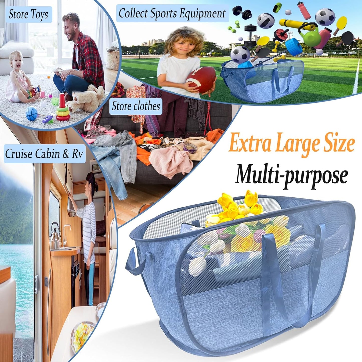 Extra Large Mesh Pop Up Laundry Hamper, 100L Collapsible Laundry Basket, Dirty Clothes Hamper with Reinforced Handles, Storage Bins for Shelves, Dorm or Home Portable Stair Laundry Basket. Blue