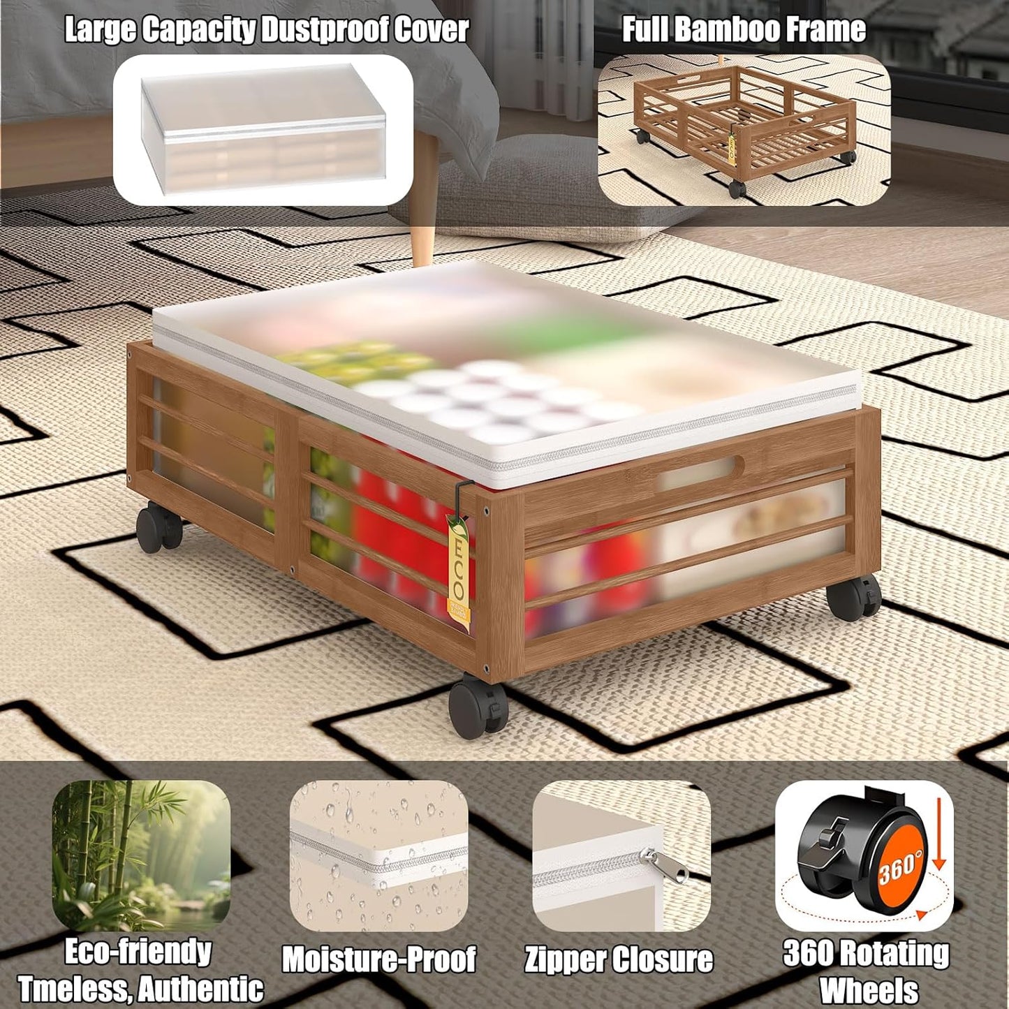 Under Bed Storage Containers with Wheels, Larger Bamboo Wood Under Furniture Storage Containers with Dust Bags，Rolling for Shoes Clothes