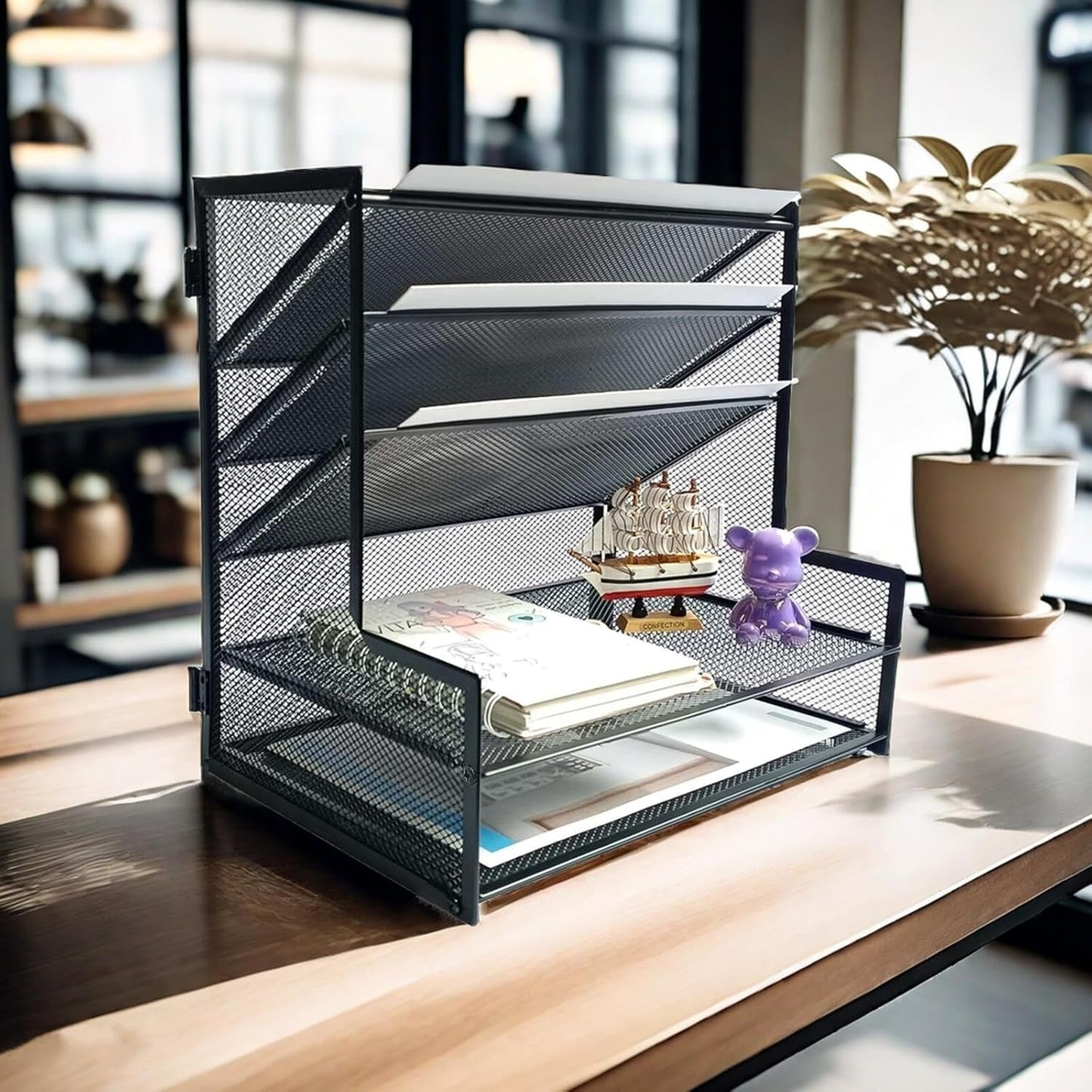 SETTFRFE Office Supplies Desk Organizer,Metal Desktop File Holder Organizer with 5 Tier Paper Tray,Black