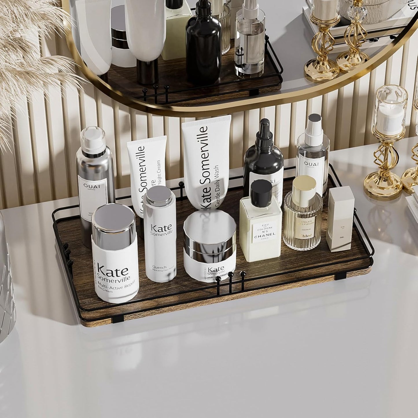 Toilet Paper Basket, Bathroom Basket for Counter Toiletries Towel Decor, Toilet Tank Tray, Guest Back of Toilet Organizer Storage, Vanity Tray for Perfume Makeup, Kitchen 13”x6.5” Brown-Black