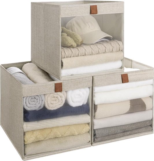 StorageWorks 13x13 Storage Cubes, Closet Storage Bins with Clear Window, Large Fabric Organizer for Clothes, Collapsible Storage Baskets with PU Handles, Brown and Beige, 3-Pack