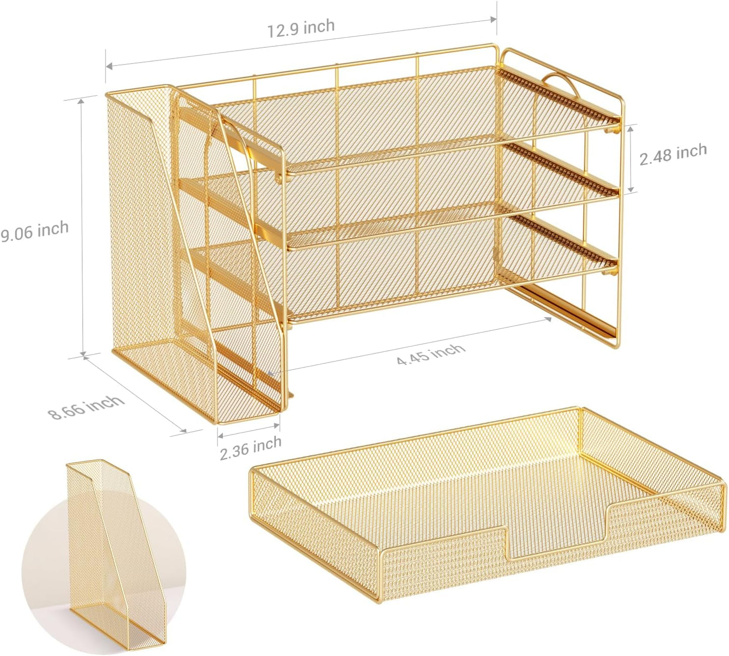 Desk Organizer and Accessories, 4-Tier Desktop File Organizer with Drawer and 2 Pen Holders, Office Desk Accessories, File Sorters, Workspace Organizers for Office Supplies(Gold)