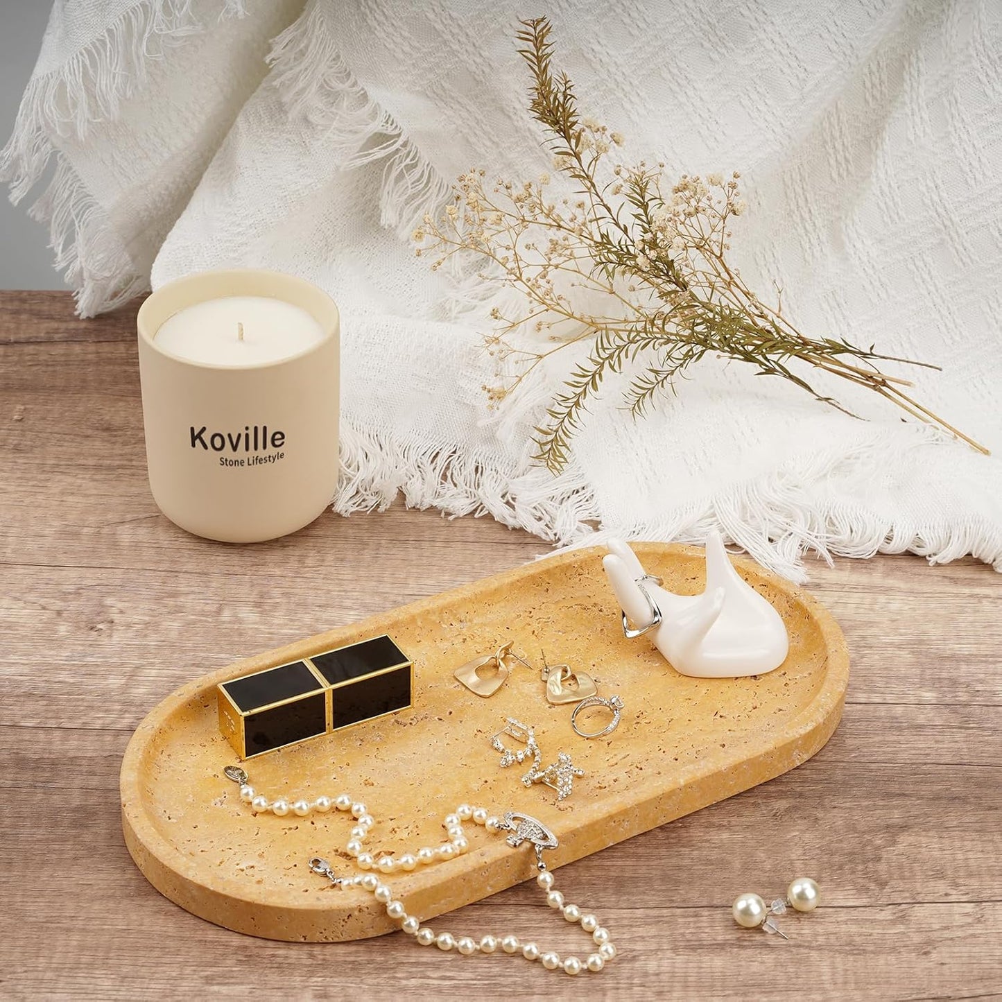 Koville Turkish Natural Travertine Decorative Marble Tray - 12"x6" Wabi Sabi Home Countertop Organizer, Catchall Tray for Perfume, Candles, Jewelry