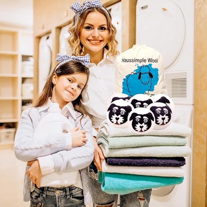 Wool Dryer Balls Organic Felt 6 Pack Laundry Fabric Softener, Extra Large Reusable Handmade Natural Sheep Wool Lint Wrinkle Free Anti Static Baby Safe (Black White Dog)