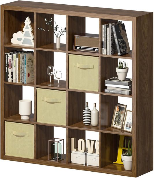 Bookshelf with Storage Bins, 16-Cube Storage Organizer Sturdy Wooden Cube Bookcase Horizontal Bookshelf with Storage, Furniture for Living Room Bedroom Office, Classic Oak