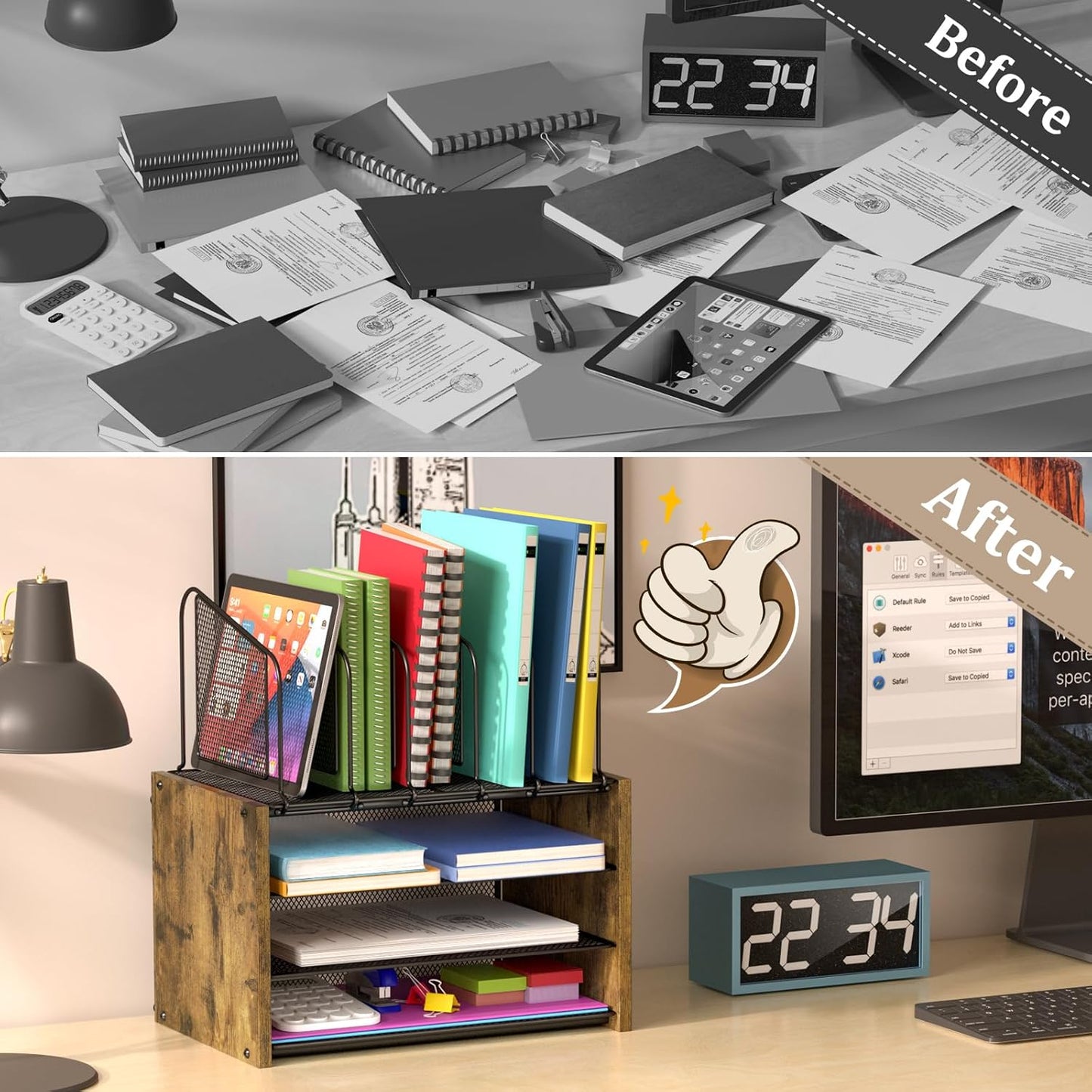 4-Tier Desk Organizer, Desk File Organizer with 5 Vertical File Holders, Office Desktop Organizer with 3 Level Paper Organizer Letter Tray, Wooden Desk Organizers and Accessories for Home Office