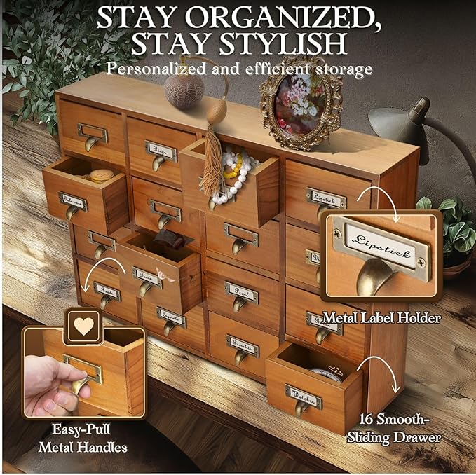 Flexzion Apothecary Cabinet with Drawers - 16 Vintage Apothecary Drawers Desktop Organizer for Home & Office - Wooden Tabletop Library Card Catalog Cabinet Storage for Jewelry, Makeup & Tools, Brown