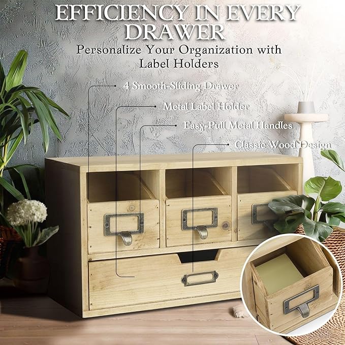 Flexzion Apothecary Cabinet with 4 Drawers - Vintage Natural Wood Desktop Organizer for Home & Office Supplies - Tabletop Wooden Storage for Catalog, Card, Jewelry, Makeup, Craft & Tools