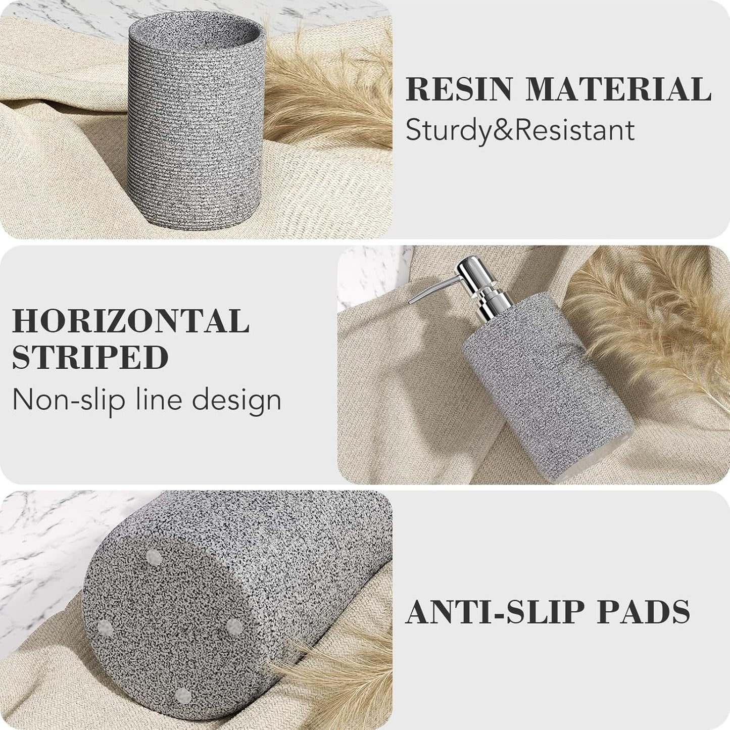 6-Piece Bathroom Accessory Set Resin, Gray Bath Accessories Complete with Toothbrush Holder, Lotion Soap Dispenser, 2 Qtip Holders,Vanity Tray,Bathroom Tumbler - Countertop Vanity Organizer