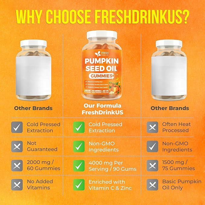 FreshDrinkUS, Premium 90 Pumpkin Seed Oil Gummies For Hair Growth, Youthful Skin, 4000mg Per Serving with Zinc & Vitamin C – Plant-Based, Non-GMO, Sugar/Gluten-Free, Men’s & Women’s Wellness Gummies