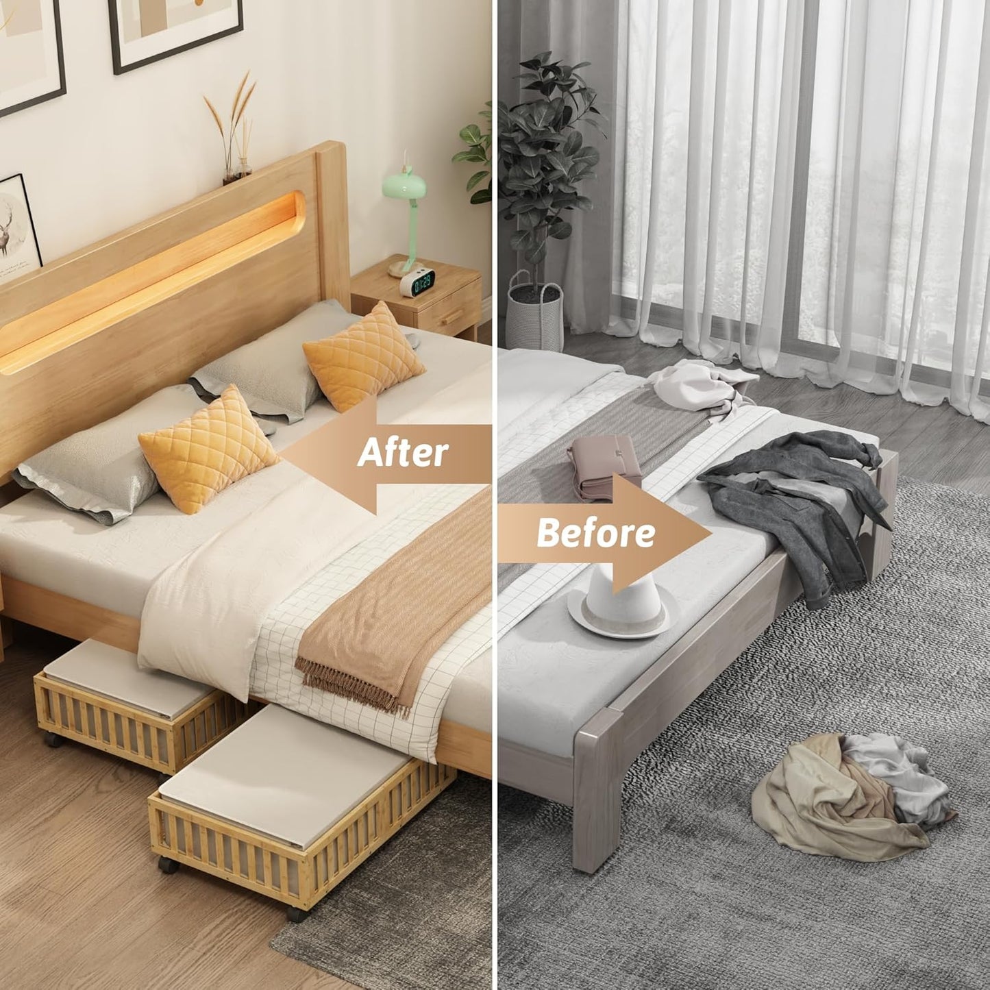 Bamboo Under Bed Storage Containers with Wheels, 2 Pack Under the Bed Shoe Storage Bins, Wood Rolling Underbed Drawers with Bag Organizer for Bedroom, Sheets Clothes Blanket Comforter, Under Crib Toy