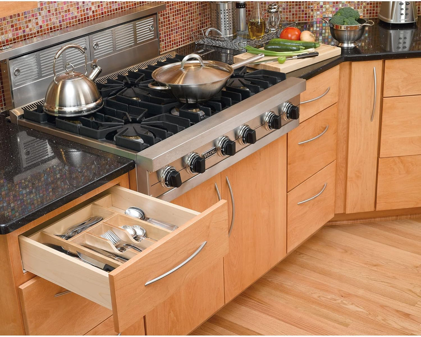 Rev-A-Shelf Trim-to-Fit Silverware Drawer Organizer For Kitchen Utensil Cutlery Cabinet Storage, Natural Maple Wood 7 Compartment Tray Insert, 4WCT-1