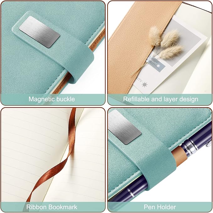 A5 Lined Leather Notebook and Pen Set with Gift Box, 240 Pages Refillable Journal with Pocket and Magnetic Buckle, Hardcover Daily Diary for Men and Women Business Travel Personal Writing- Light Green