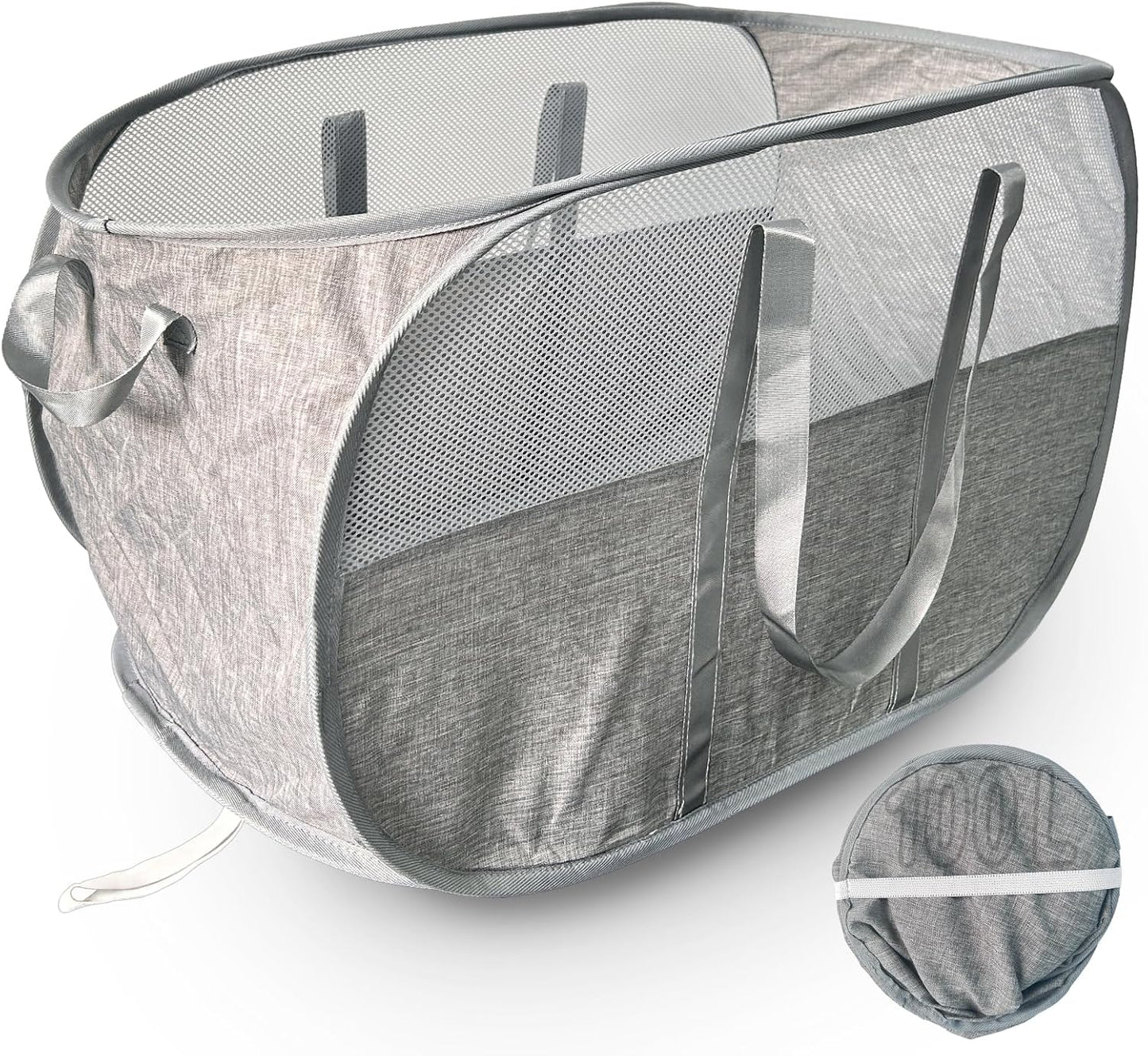 Upgraded 100L Extra Large Mesh Pop Up Laundry Hamper, Dirty Clothes Hamper with Reinforced Handles, Pop-up Hampers for Laundry Travel. Dorm or Home Portable Laundry Basket. Grey