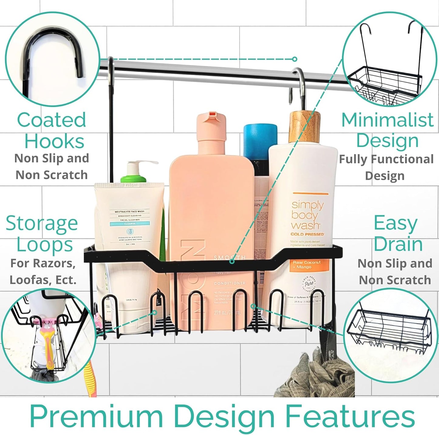 Heavy-Duty Black Hanging Shower Caddy with Rotatable Hooks and Adhesives - Rust-Proof 304 Stainless Steel - Bathroom Caddy for Organizing Your Shower Essentials