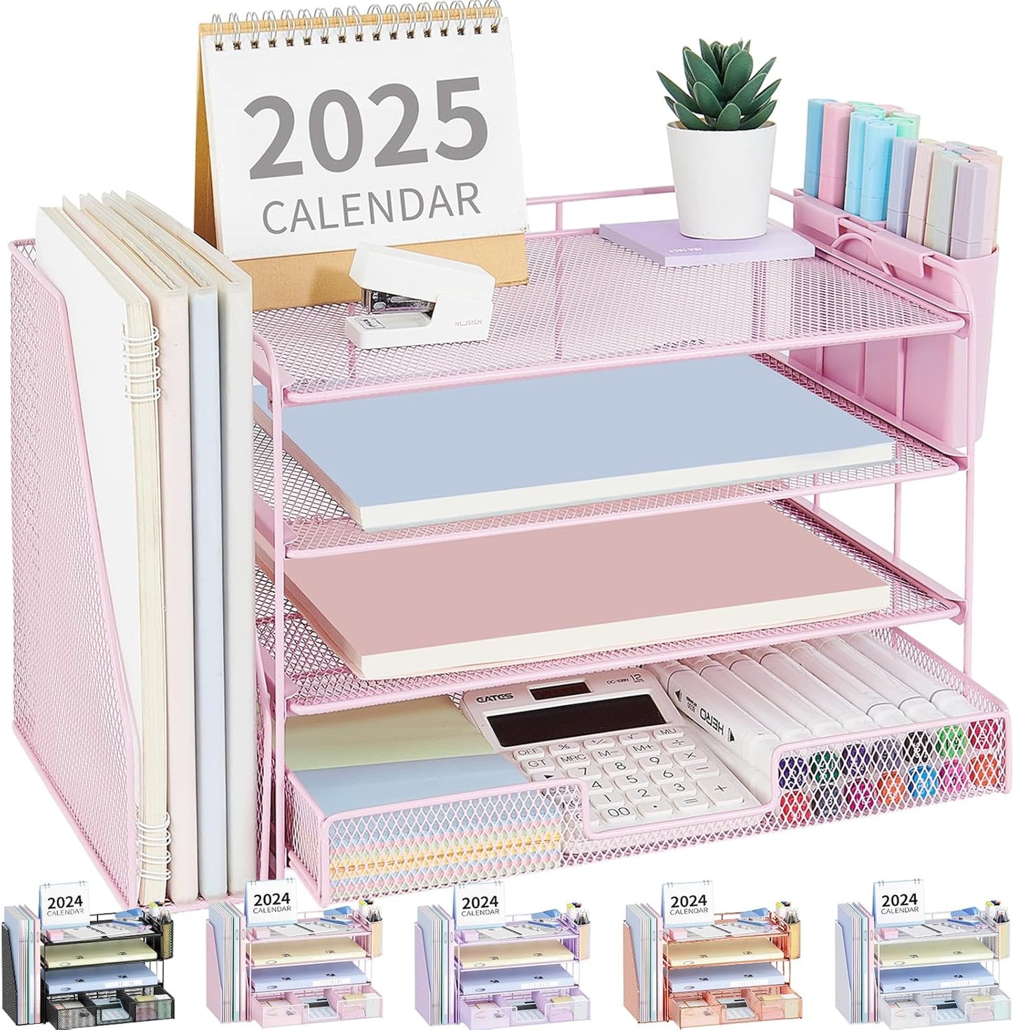 Desk Organizer and Accessories, 4-Tier Desktop File Organizer with Drawer and 2 Pen Holders, Office Desk Accessories, File Sorters, Workspace Organizers for Office Supplies(Pink)